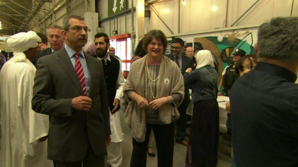 Mrs Foster was escorted around the building by Muslim leaders