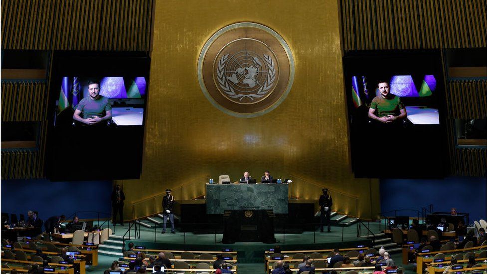 Delegates listen to a pre-recorded speech by Ukrainian President Volodymyr Zelensky during the 77th session of the United Nations General Assembly (UNGA) at U.N. headquarters on September 21, 2022 in New York City