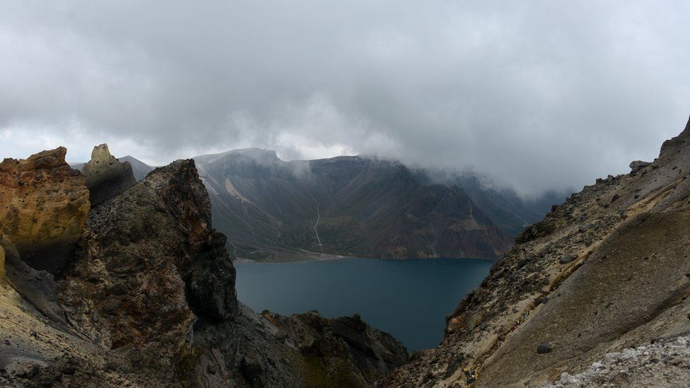 A general view of the mountain peak, known as Changbai in Chinese and Paektu in Korean, straddling China and North Korea