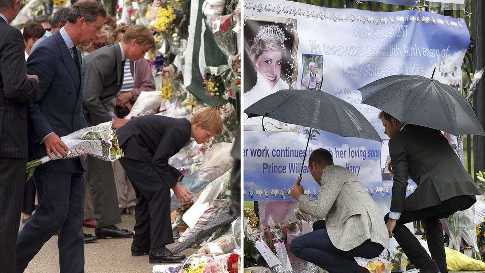 Prince William and Prince Harry looking at tributes to their mother