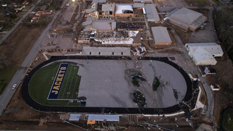 An aerial view shows the destroyed Wynne High School in the aftermath of a tornado, after a monster storm system tore through the South and Midwest on Friday, in Wynne, Arkansas, U.S. April 1, 2023