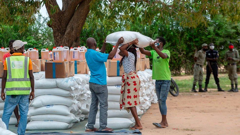 United Nations World Food Programme distribution at a school in Matuge district, northern Mozambique, February 24, 2021