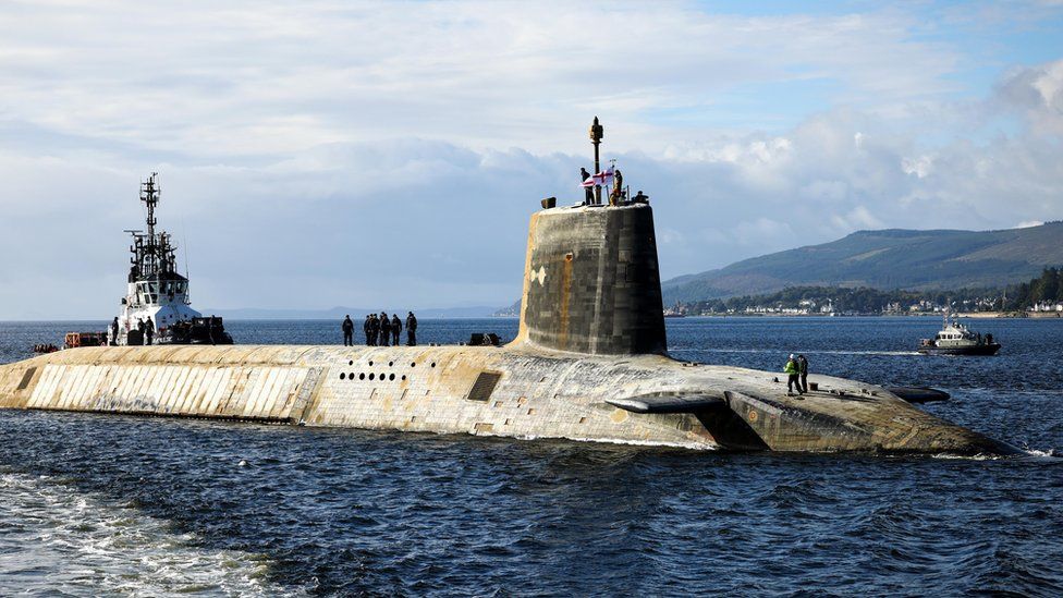 File photo of a British navy Vanguard submarine at return of UK Nuclear deterrence patrol, Scotland.