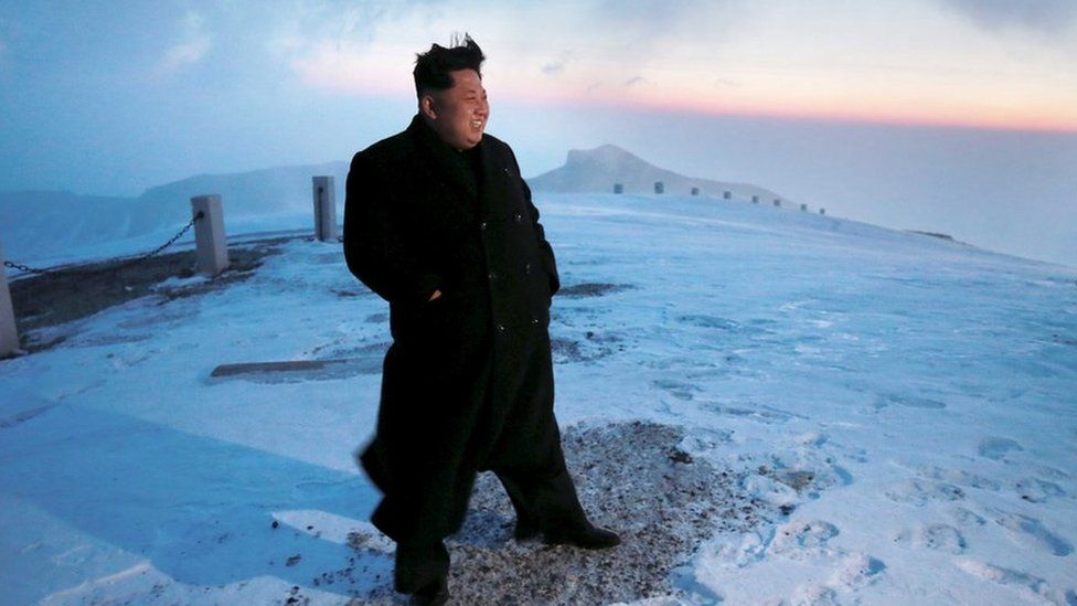 Kim Jong-un on top of Mount Paektu in 2015