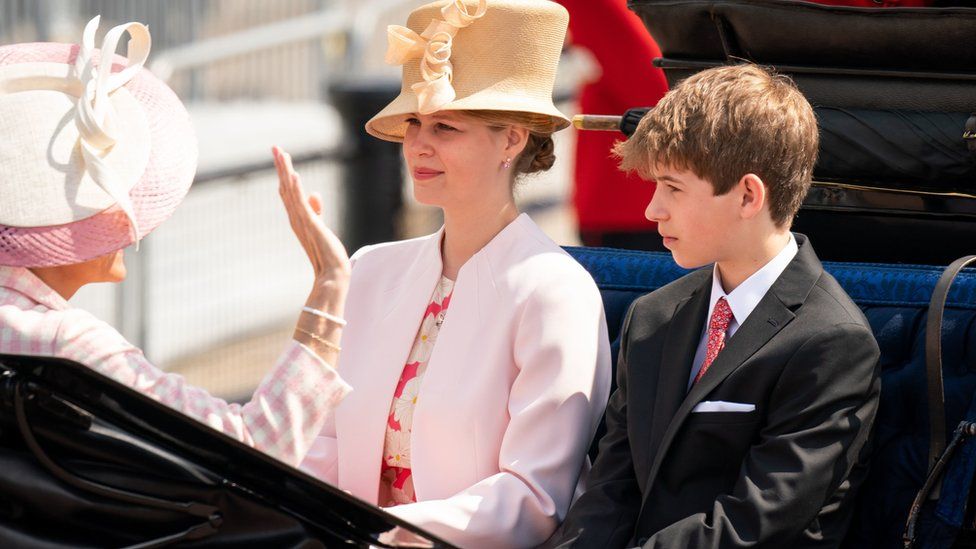 Viscount Severn and Lady Louise Windsor ride in a carriage as the Royal Procession leaves Buckingham Palace for the Trooping the Colour ceremony at Horse Guards Parade