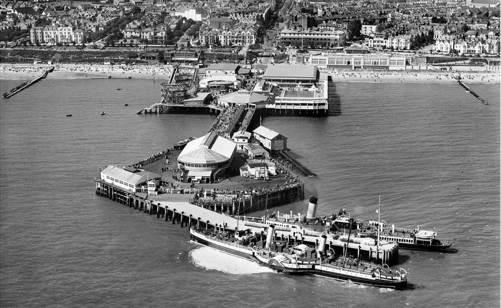 An aerial view of the pier, Clacton-on-Sea in Essex taken in August 1938