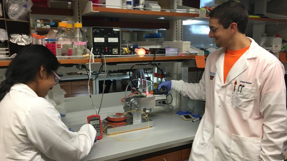 Pranjali Beri (left) and Afsheen Banisadr (right) preparing the spinning disc device for an adhesion measurement