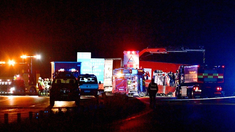 A view of a scene after an accident between a car and a lorry in which three people died, including Swedish artist Lars Vilks, outside the town Markaryd in Sweden on 3 October 2021