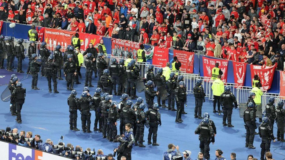 Riot police at the Liverpool end of the Stade de France