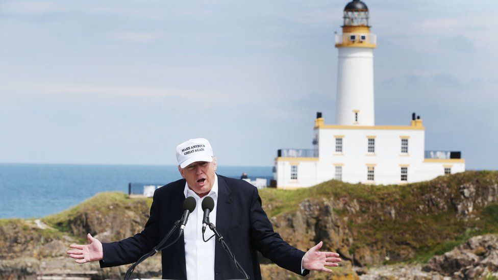 US presidential hopeful Donald Trump speaks at his revamped Trump Turnberry golf course in South Ayrshire