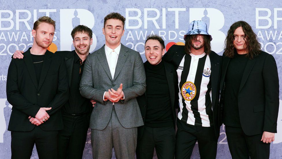Sam Fender (centre-left) attending the Brit Awards 2022 at the O2 Arena, London on 8 February 2022