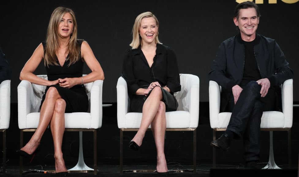 Jennifer Aniston, Reese Witherspoon and Billy Crudup of "The Morning Show" speak onstage during the Apple TV+ segment of the 2020 Winter TCA Tour at The Langham Huntington, Pasadena on January 19, 2020 in Pasadena, California.