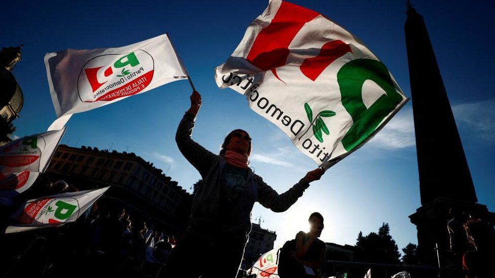 Centre-left Democratic Party (PD) supporters gather before the electoral campaign closing event of Enrico Letta, secretary of PD, in Piazza del Popolo, ahead of the general election, in Rome, Italy, September 23, 2022