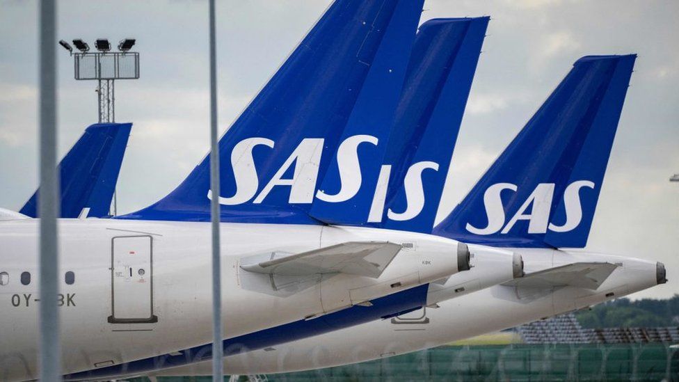 Scandinavian airline SAS aircraft of the type Airbus A321 and A320 Neo are parked at Kastrup airport on July 4, 2022