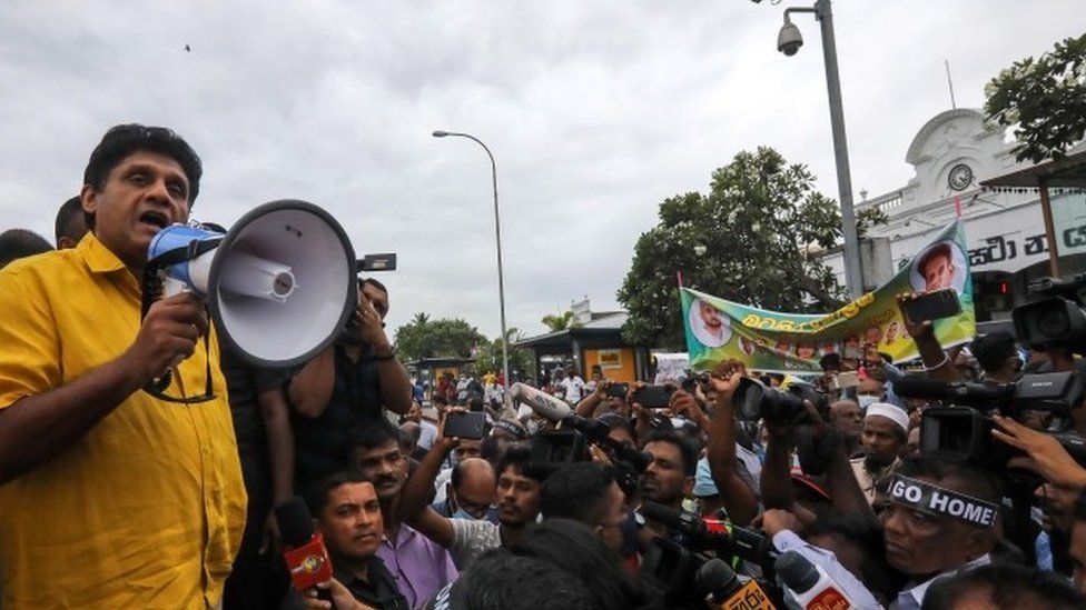 Sri Lanka's opposition leader Sajith Premadasa talks to supporters in Colombo. Photo: June 2022