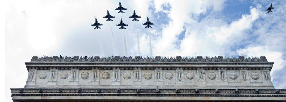 The US Air Force flies over the Arc de Triomphe during a rehearsal for Friday on 11 July