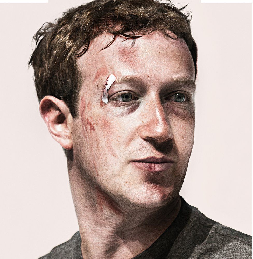 A bruised Mark Zuckerberg on the cover of the March edition of Wired magazine. The photo-illustration was created by Jake Rowland, a New York City-based artist.