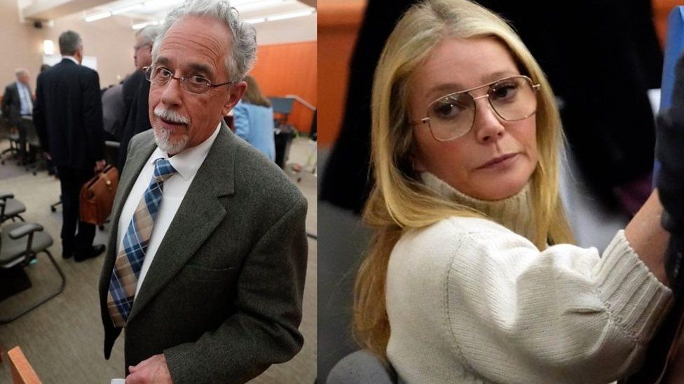 Two pictures side by side from inside the court room of the ski trial as a composite. The image on the left shows Terry Sanderson standing looking at the camera wearing a dark grey suit with a white shirt and blue and light brown tie. He has receding grey hair and a grey goatee and is wearing glasses. The image on the right is Gwyneth Paltrow looking back over her shoulder. She has long blonde hair and is wearing glasses and a white jumper.