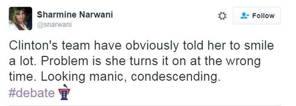 Clinton's team have obviously told her to smile a lot. Problem is she turns it on at the wrong time. Looking manic, condescending. #debate