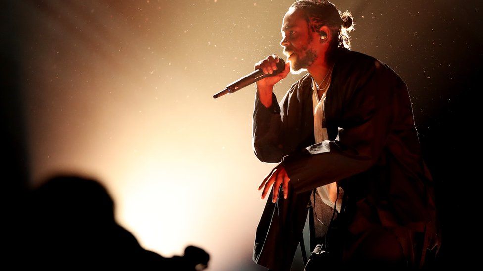 Kendrick Lamar on stage at Grammys