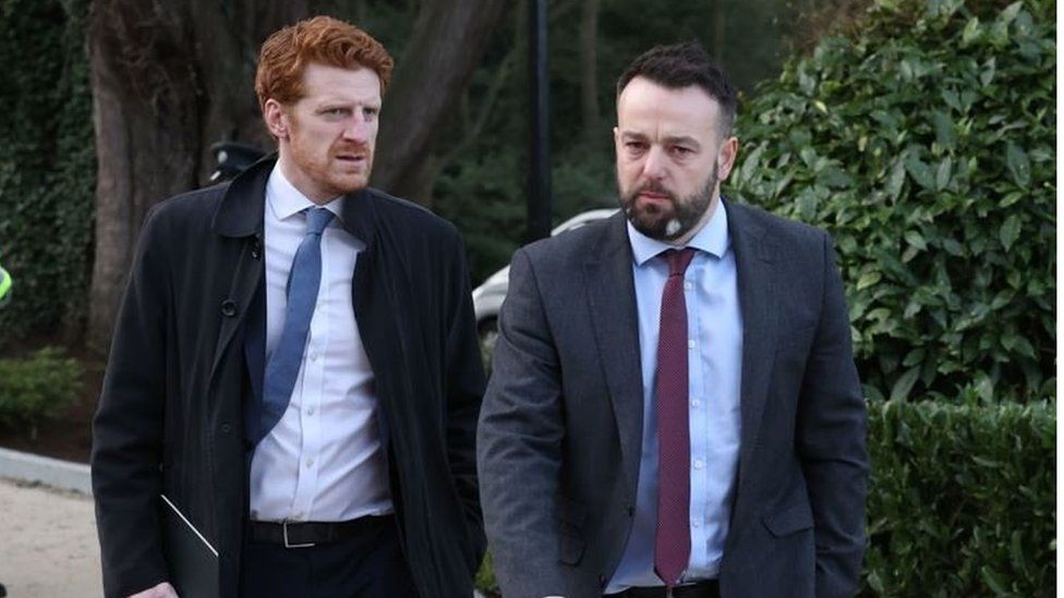 SDLP leader Colum Eastwood (right) and party colleague Matthew O'Toole arrive for talks with Prime Minister Rishi Sunak
