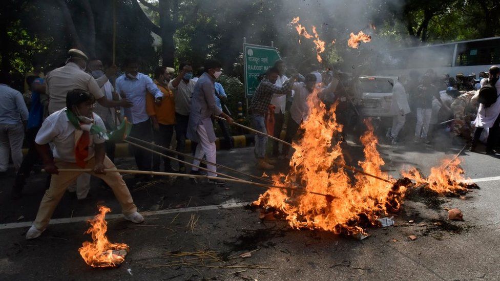 Opposition Congress workers protest in Delhi over the Hathras rape attack