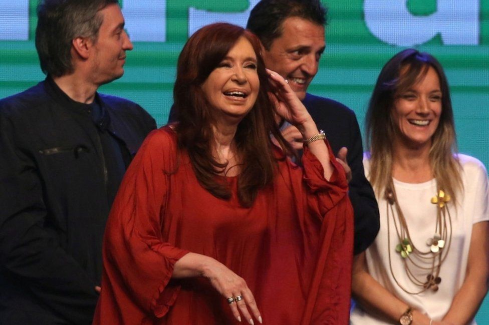 Former President Cristina Fernandez de Kirchner celebrates the election result in Buenos Aires, Argentina, on 27 October