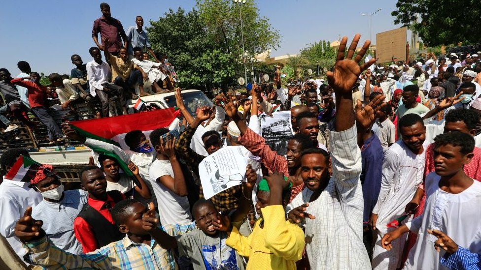 Sudanese protesters take part in a rally demanding the dissolution of the transitional government.