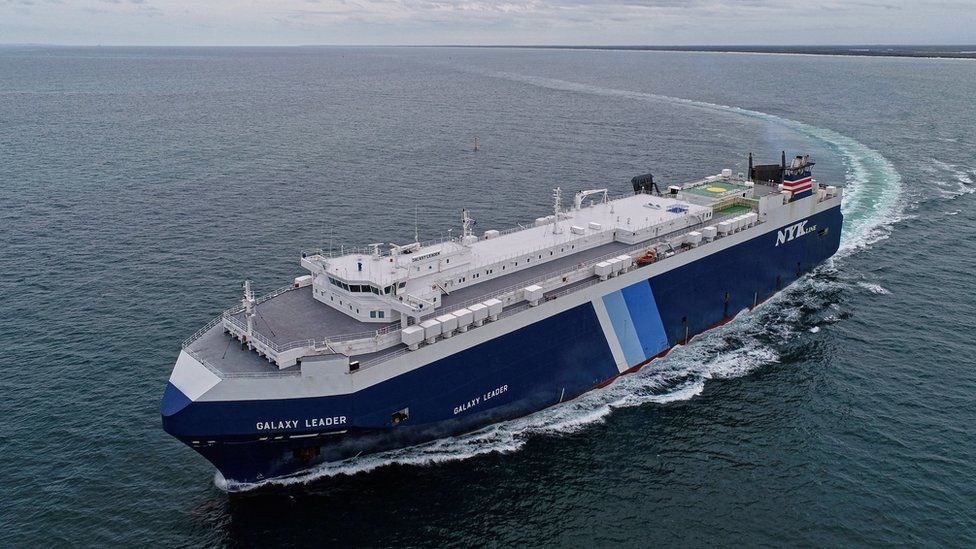 A bird's-eye view of the Japanese-operated freight ship Galaxy Leader
