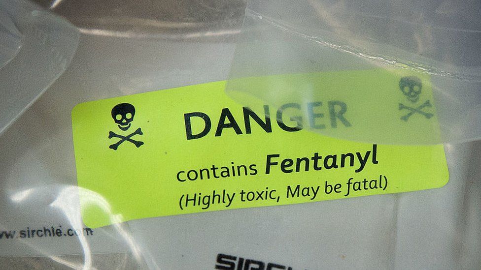 Fentanyl bag reading "Danger: Contains Fentanyl (highly toxic, may be fatal)"