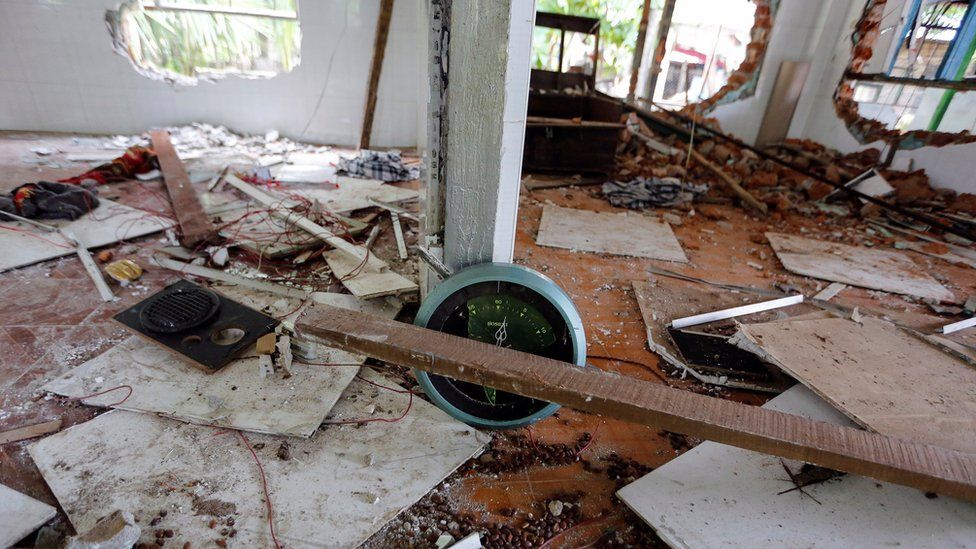 The interior of a destroyed mosque is seen after a group of men attack it in the first serious outburst of inter-religious violence in months in the village of Thayethamin outside Yangon, Myanmar 24 June 2016.