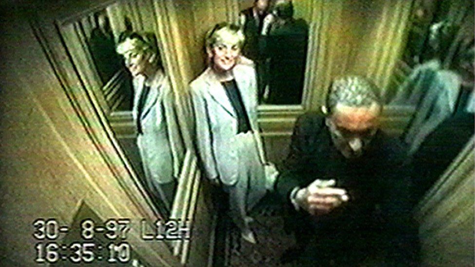CCTV footage showing Diana, Princess of Wales with Dodi Fayed inside the lift at the Ritz Hotel Paris