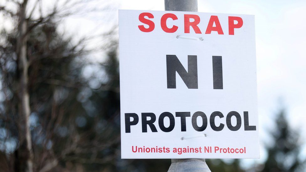 Sign saying 'scrap NI protocol unionists against the NI protocol'