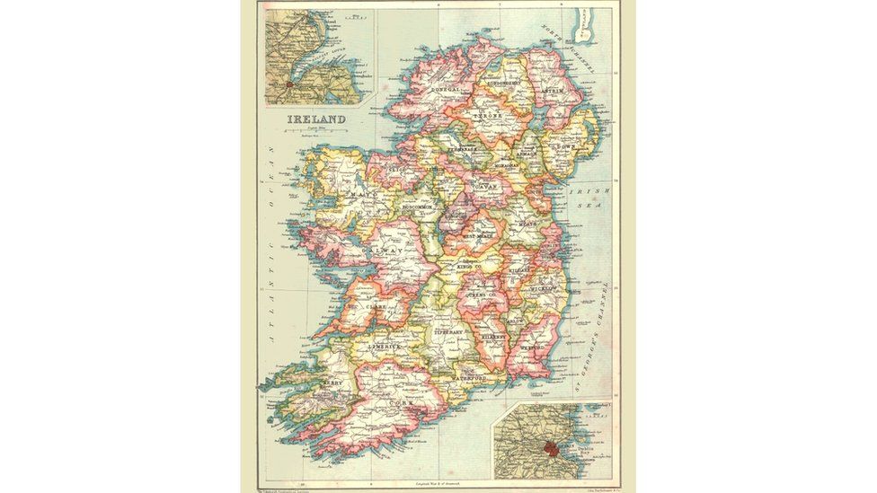 Map showing the island of Ireland before the partition of the six counties which became Northern Ireland