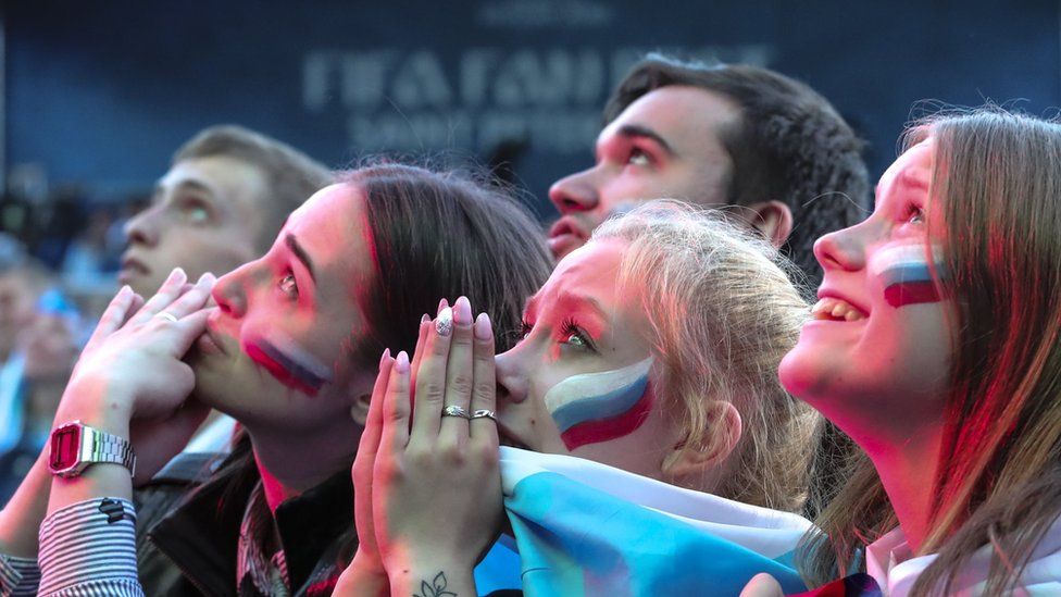 Russian fans at a public viewing of the FIFA World Cup 2018 quarter final in St Petersburg, 7 July 2018