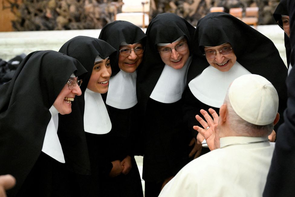 Pope Francis speaks to nuns during the weekly general audience, in Paul VI hall at the Vatican, November 29, 2023.