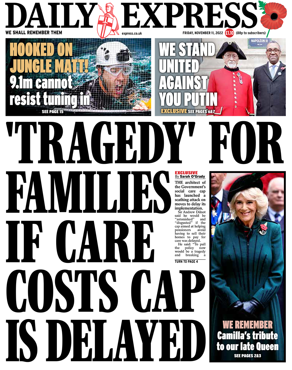 The headline in the Express reads: "'Tragedy' for families if care costs cap is delayed"