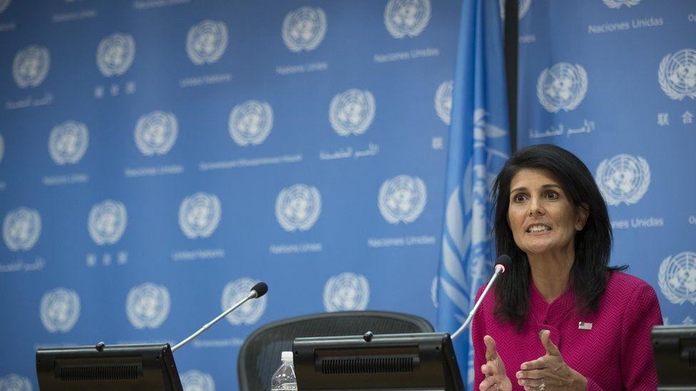 US Ambassador to the United Nation Nikki Haley answers questions during a press briefing at the United Nations headquarters