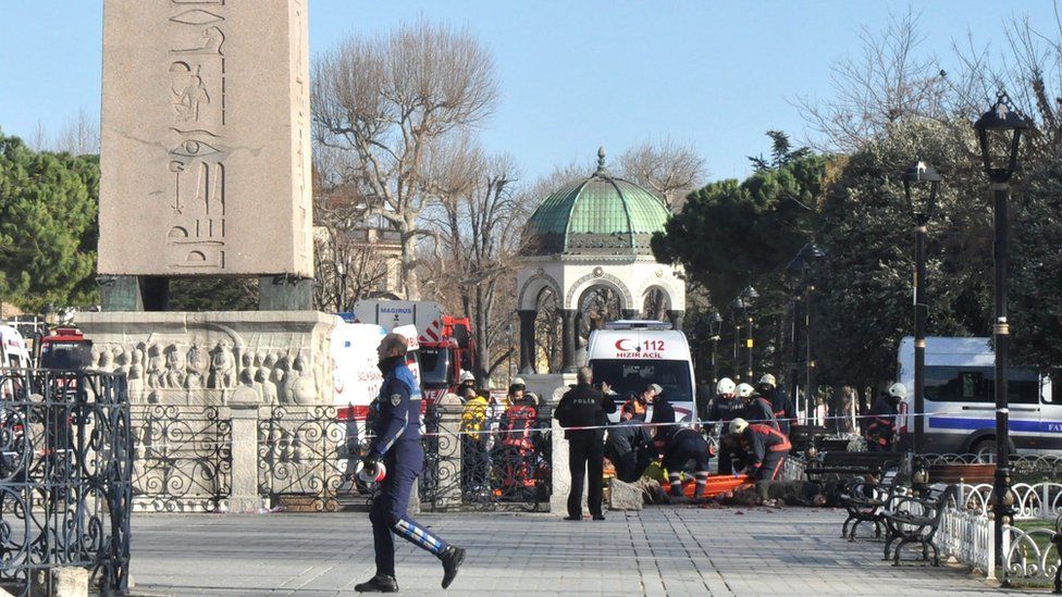 Paramedics carry dead bodies after an explosion near the Blue Mosque, in the Sultanahmet district of central Istanbul