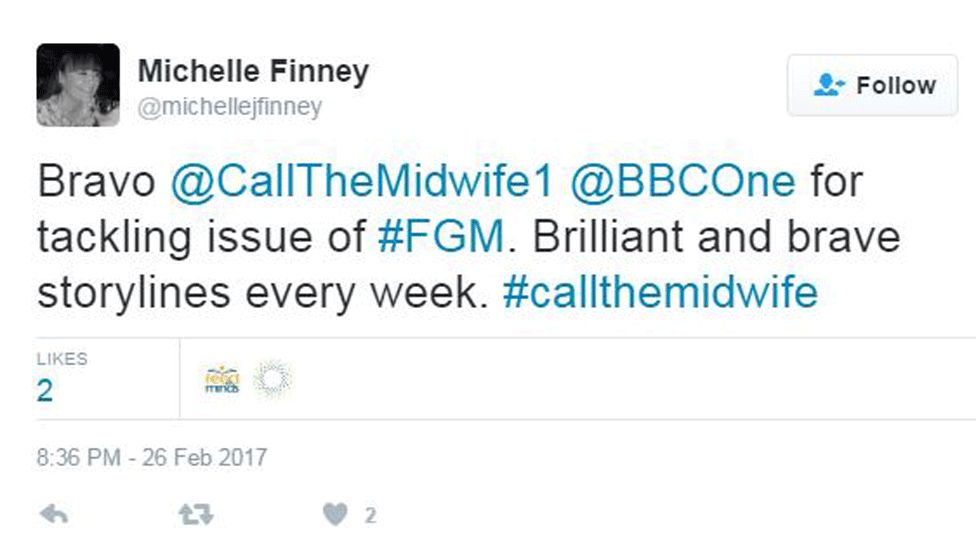 Bravo @CallTheMidwife1 @BBCOne for tackling issue of #FGM. Brilliant and brave storylines every week. #callthemidwife