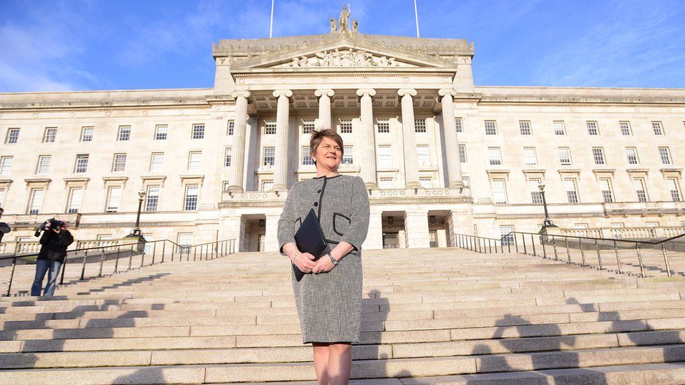 Arlene Foster was photographed on the steps of Stormont on 11 January 2016, her first day as first minister of Northern Ireland