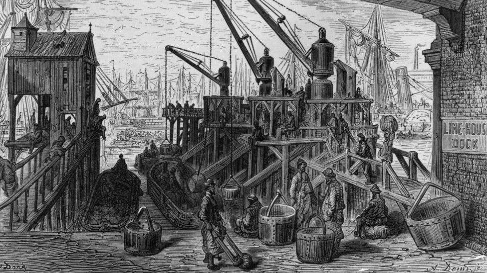 Engraving of cargo being loaded and unloaded at Limehouse Dock in London