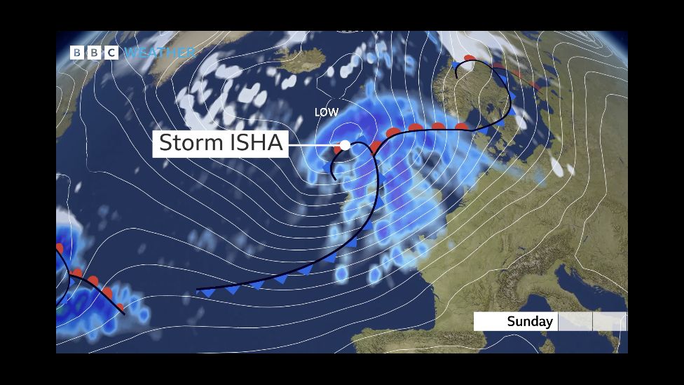 A graphic showing an area of low pressure bringing strong winds and rain to the UK which has been named as Storm Isha