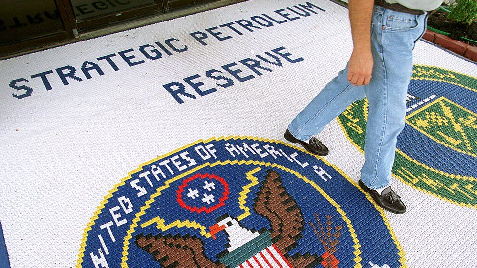 A mat on the floor welcomes people to the Strategic Petroleum Reserve headquarters in Texas