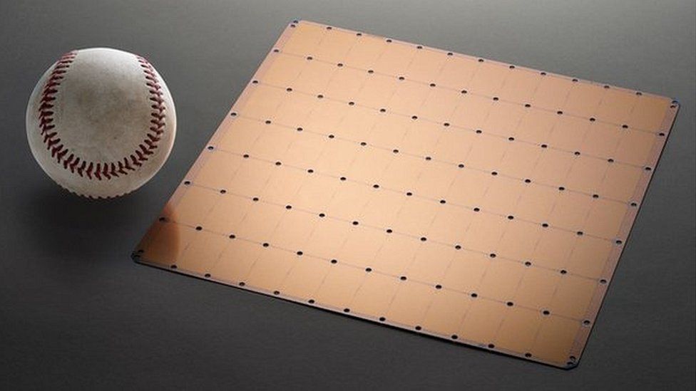 A photograph of the Cerebras chip next to a baseball