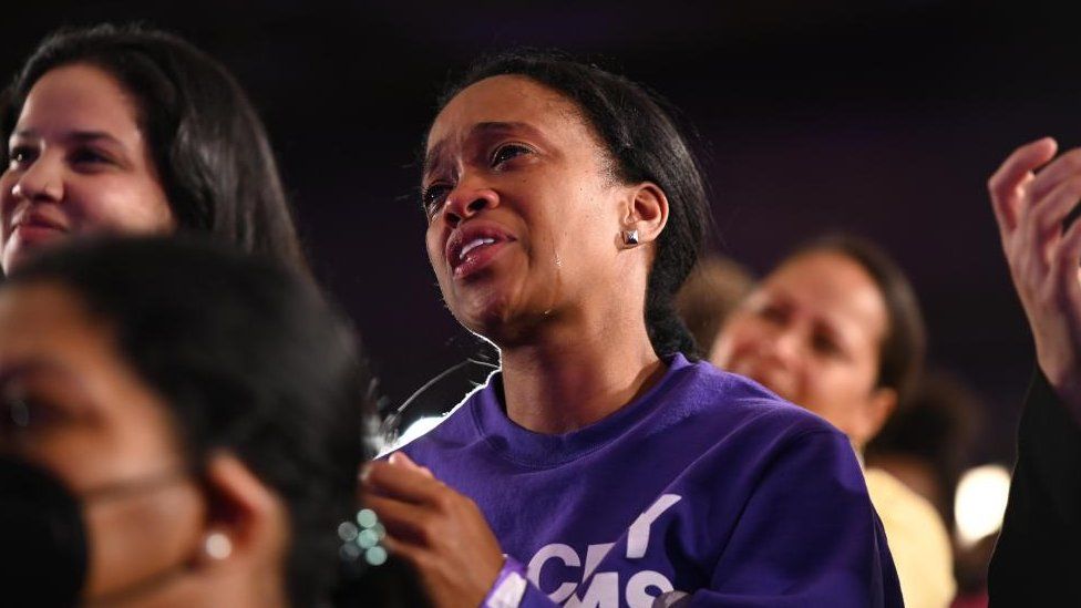 Supporters react as Democratic Georgia gubernatorial candidate Stacey Abrams concedes to Brian Kemp