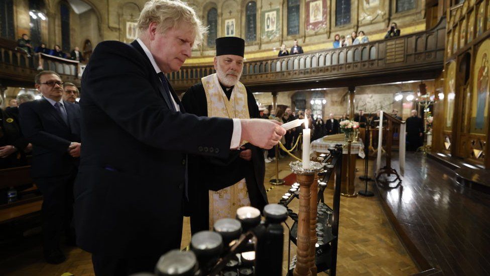 British Prime Minister Boris Johnson meets members of the Ukrainian community at the Ukrainian Catholic Cathedral, Mayfair