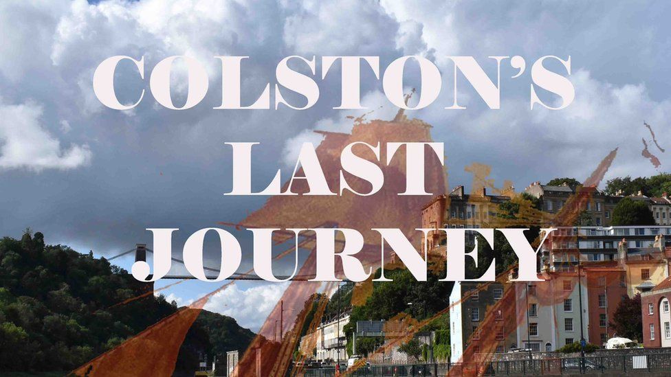 View of Bristol's Suspension Bridge with the words ,'Colston's Last Journey' over the top