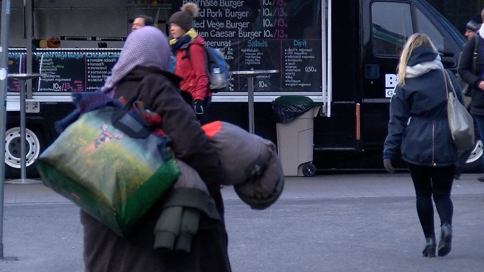 A homeless woman in Helsinki, Finland