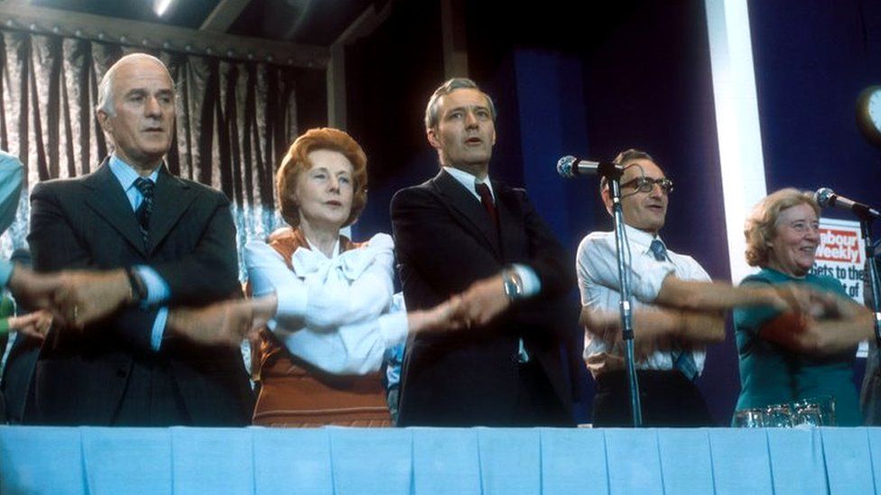 Barbara Castle and Tony Benn sing the Red Flag at the 1976 Labour conference